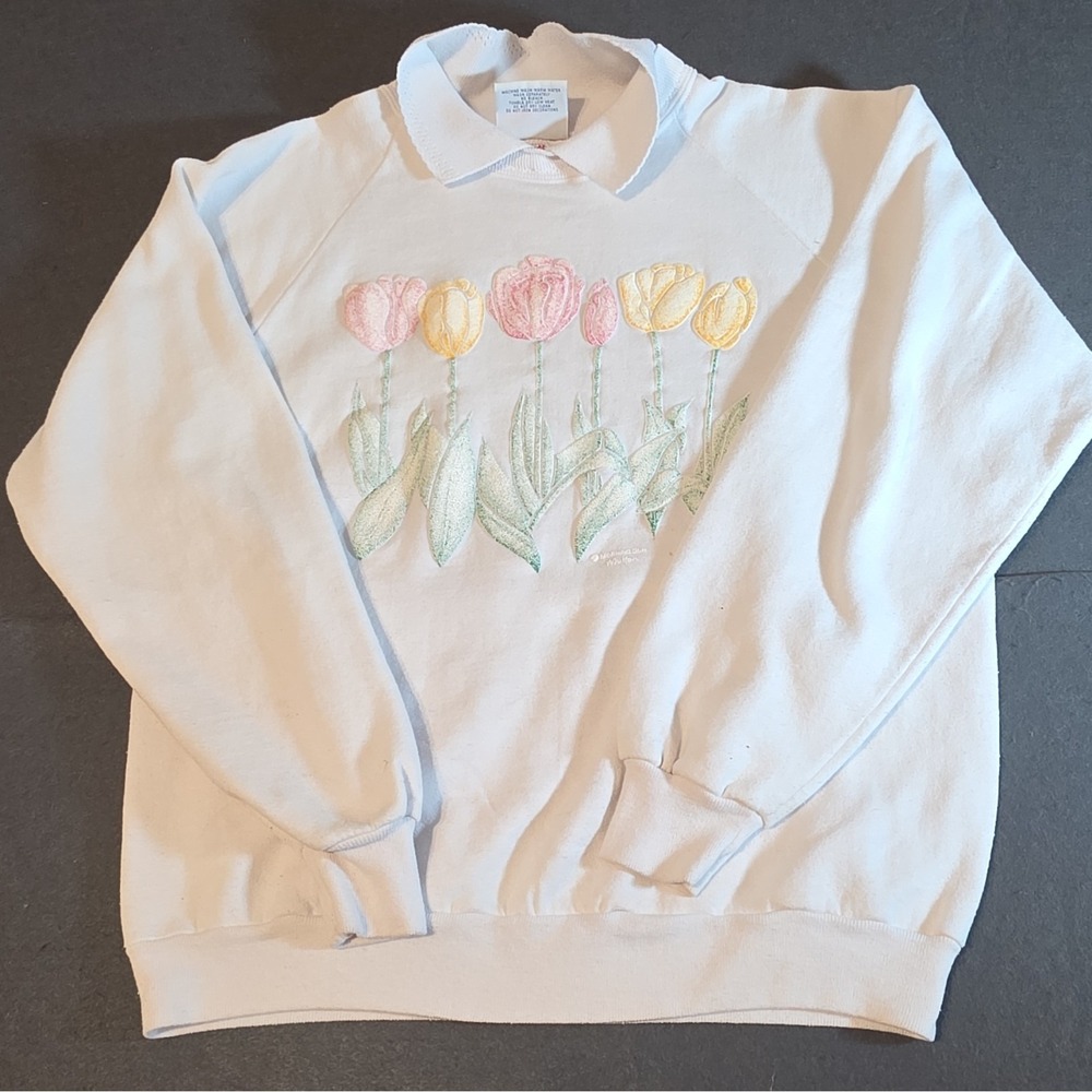 Morning Sun White Floral Embroidered Collared Pullover Sweater Women's Size L
